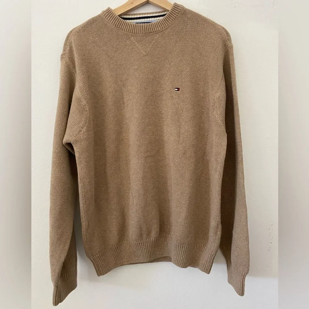 Tommy Hilfiger Y2K Tan knit crewneck Sweater Size Large Preppy Office wear